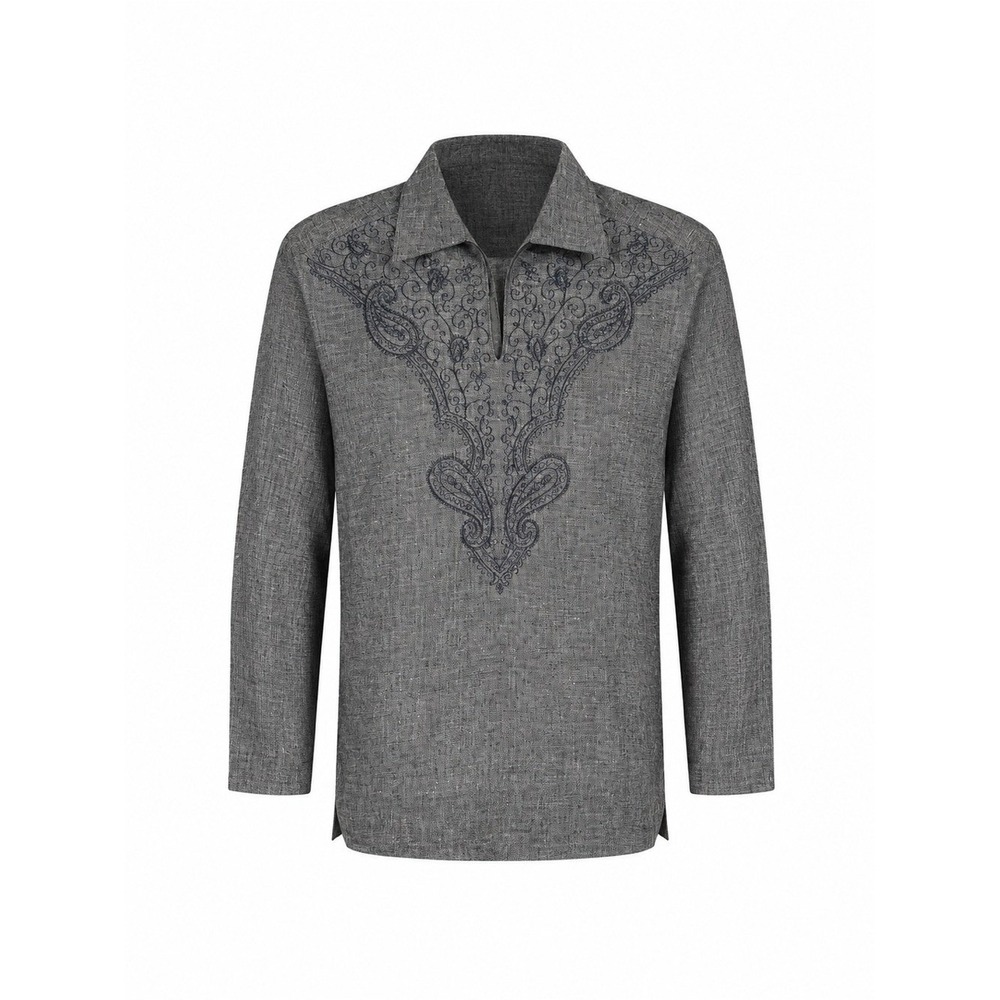 Xposed Mens 100% Linen Shirt Size Large Embroidered Coastal Grey Euro Summer